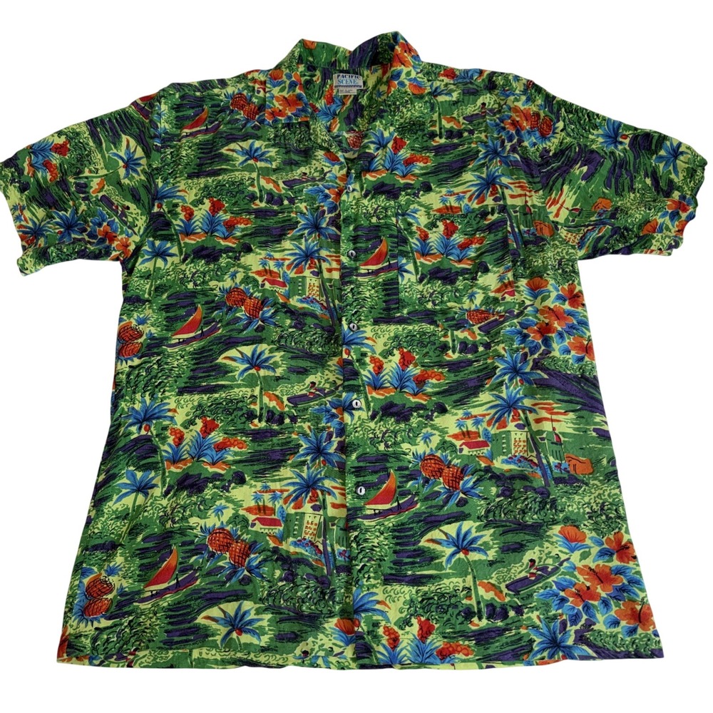 Pacific Scene Vintage Hawaiian Button Up Camp Shirt‎ 100% Rayon Mens L